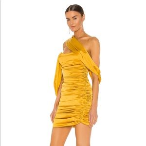 Andrea Iyamah Mustard Yellow Sol Satin Ruched Draped Mini Dress Size Small NWT